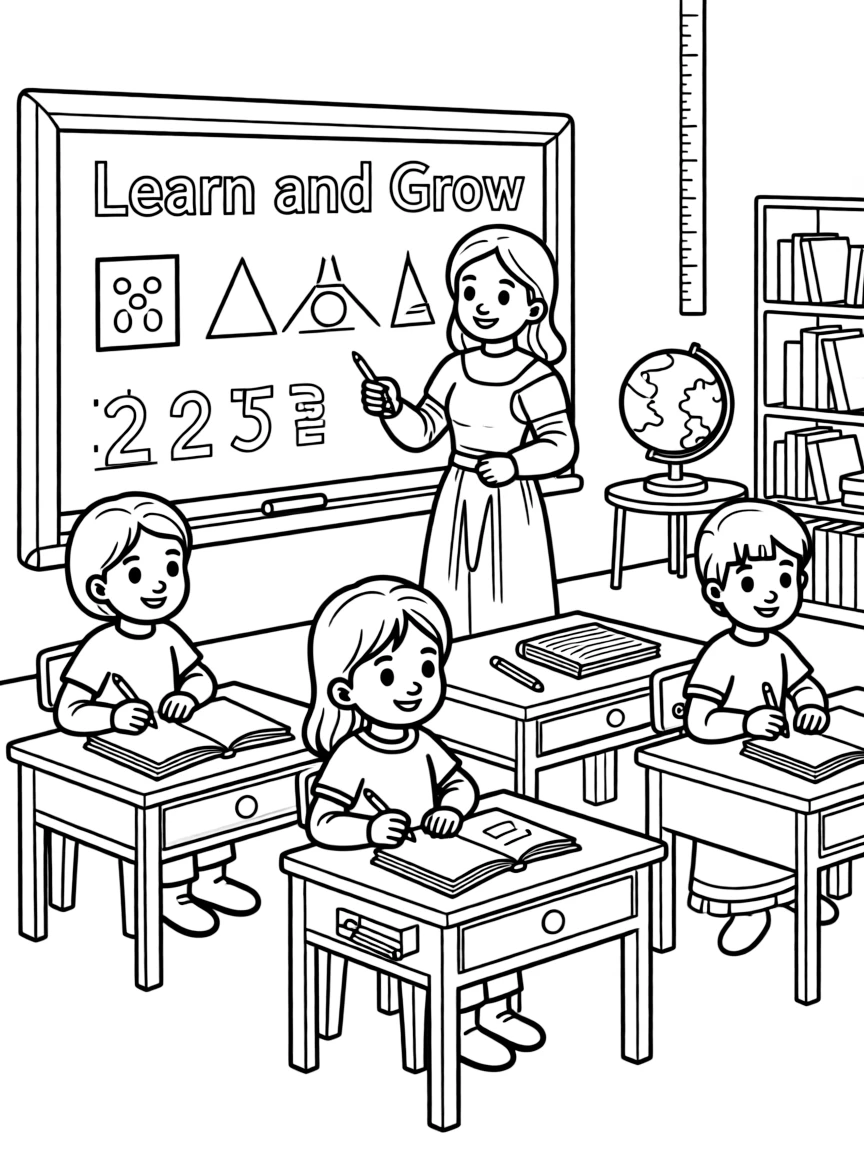 Joan of Arc teaching children, with educational items like chalkboards and pencils, in a friendly classroom scene.