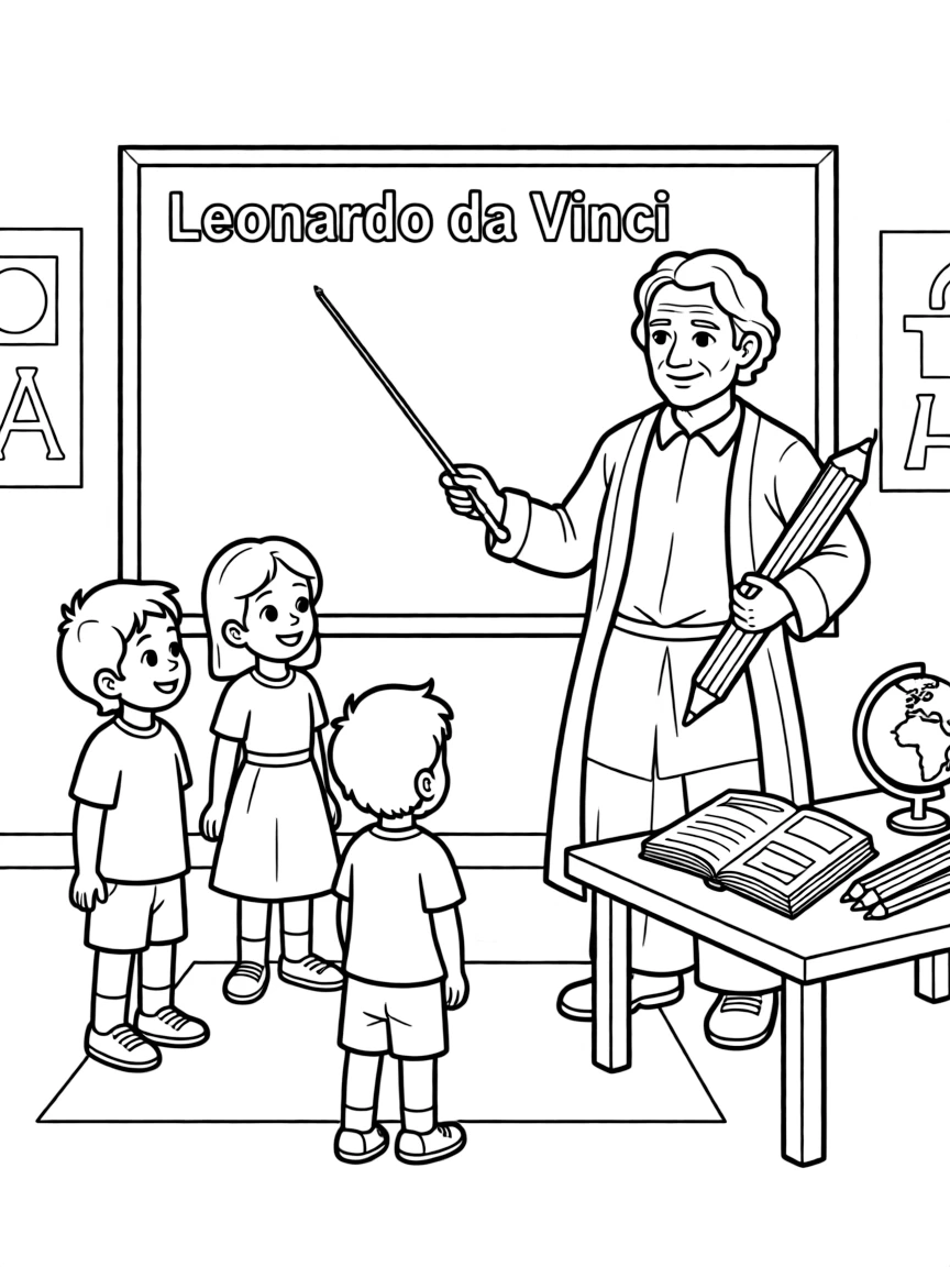 Leonardo da Vinci teaching children, with educational items like chalkboards and pencils, in a friendly classroom scene.