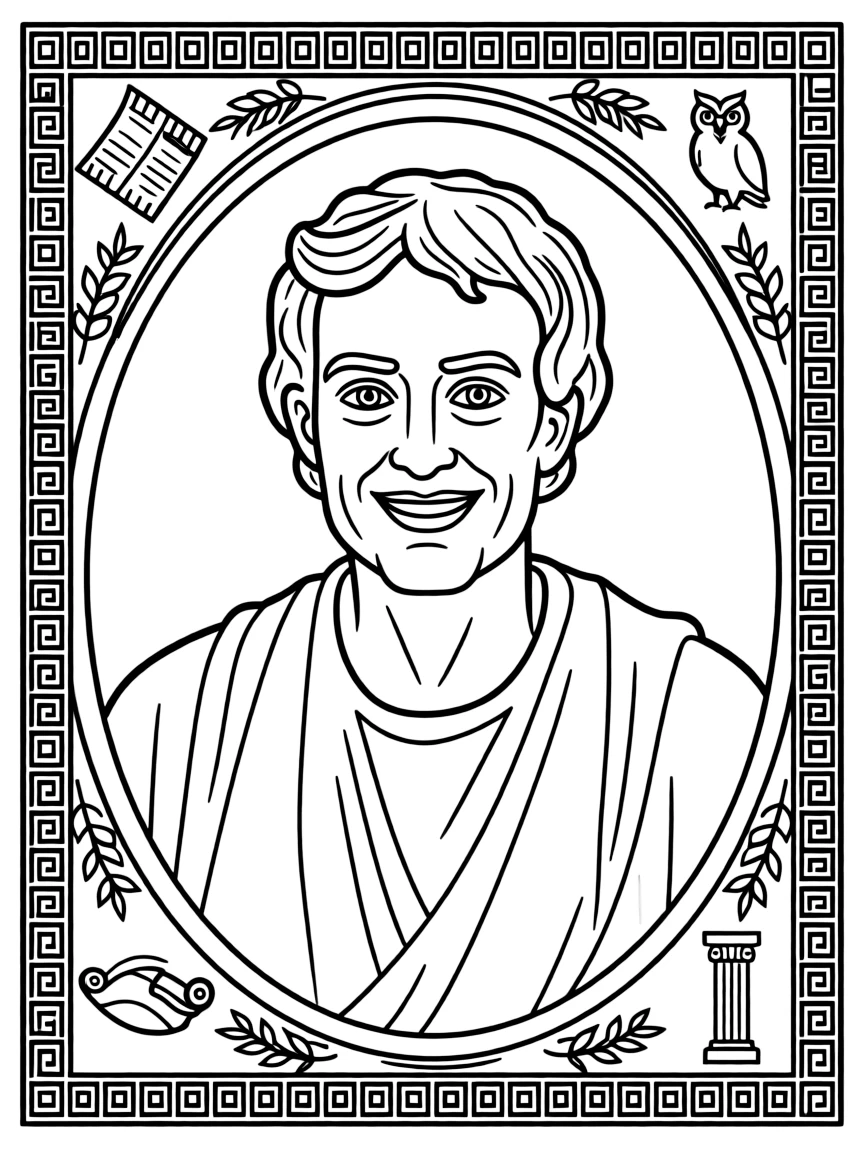 A portrait of Aristotle with a big smile, framed with decorative borders and symbols of their time period.