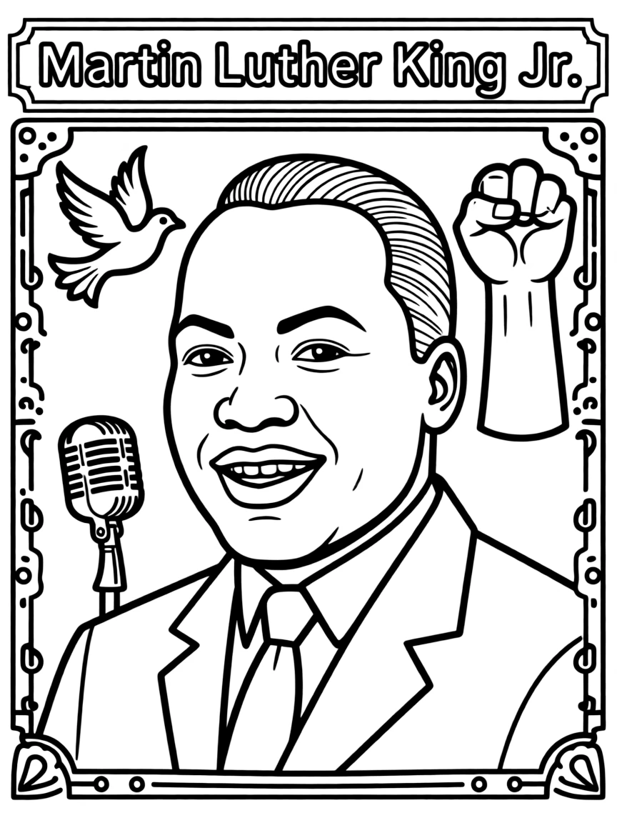 A portrait of Martin Luther King Jr. with a big smile, framed with decorative borders and symbols of their time period.