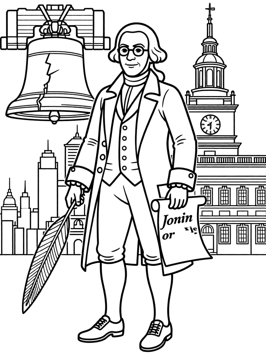 Benjamin Franklin standing proudly with historical landmarks in the background.