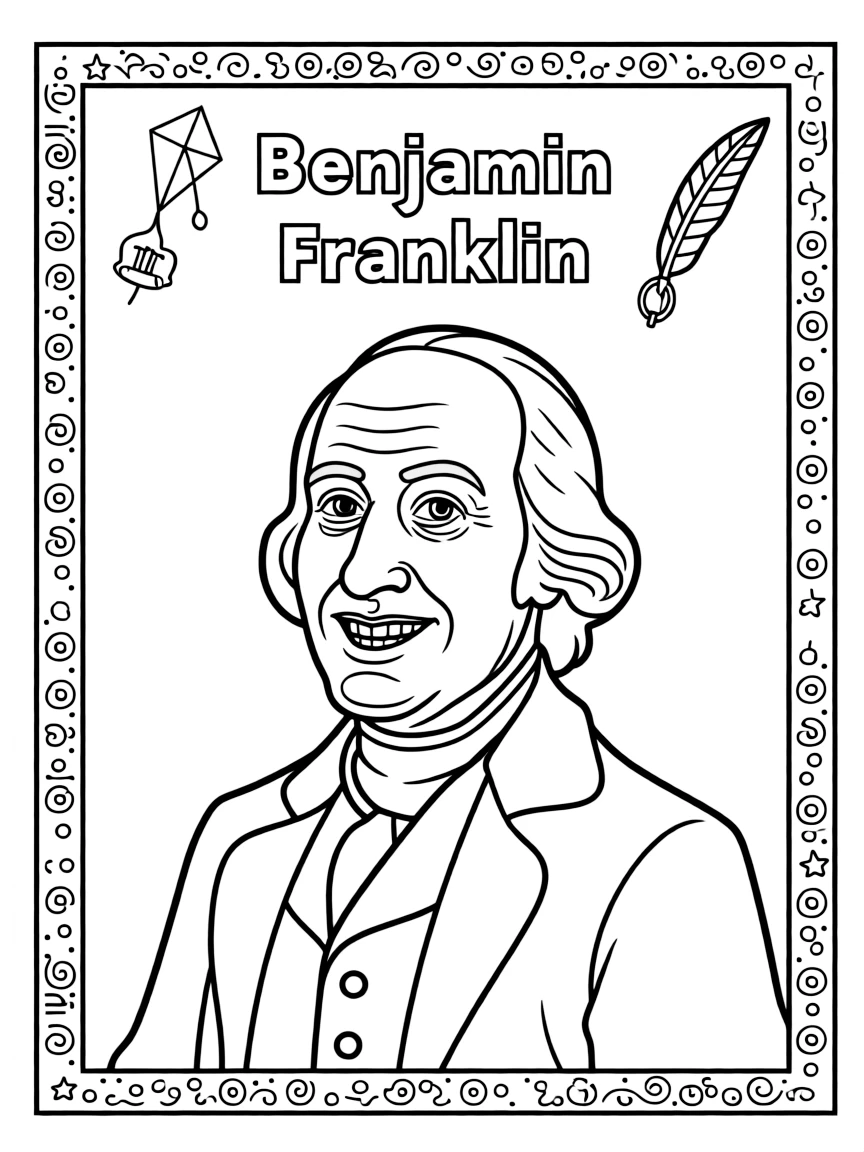 A portrait of Benjamin Franklin with a big smile, framed with decorative borders and symbols of their time period.