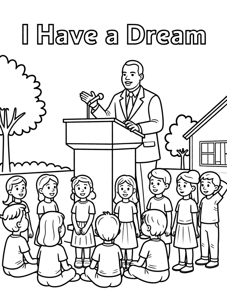A fun coloring page of Martin Luther King Jr. giving a speech to children.