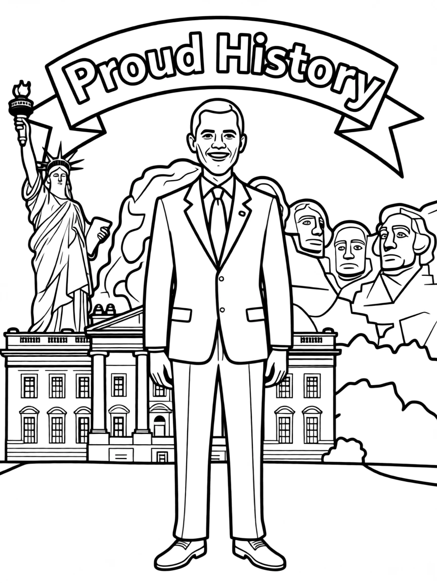 Barack Obama standing proudly with historical landmarks in the background.