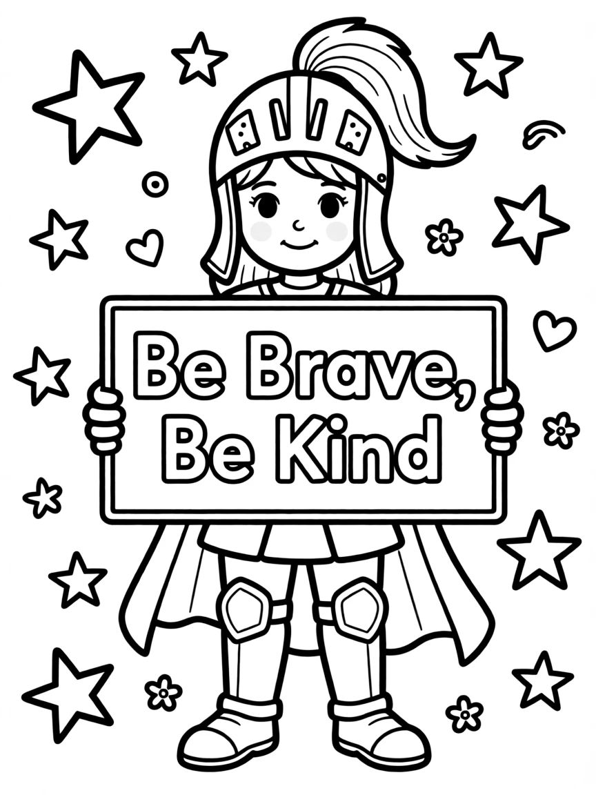 A cute coloring page of Joan of Arc holding a sign about kindness or bravery, with stars and doodles around.