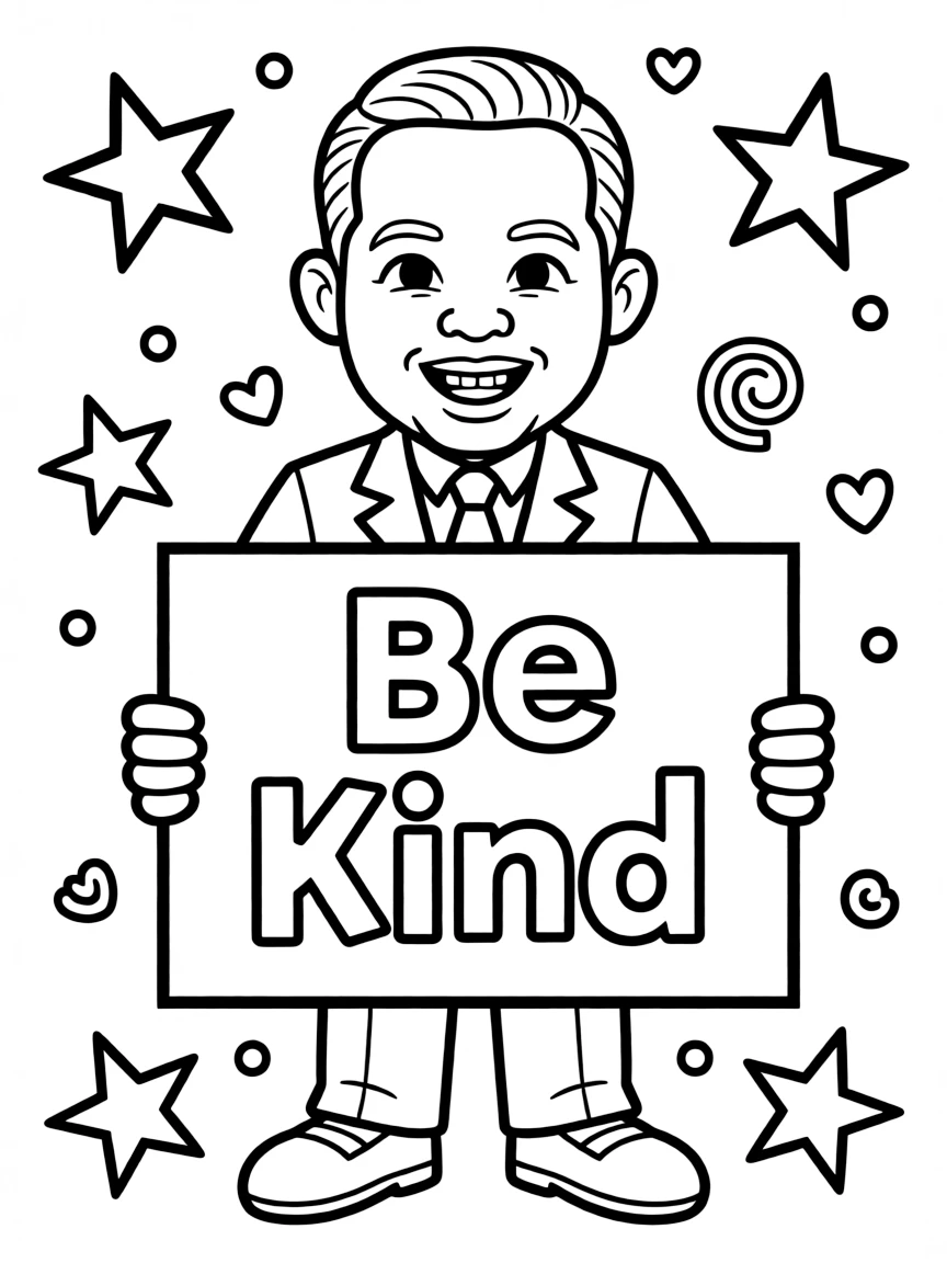 A cute coloring page of Martin Luther King Jr. holding a sign about kindness or bravery, with stars and doodles around.