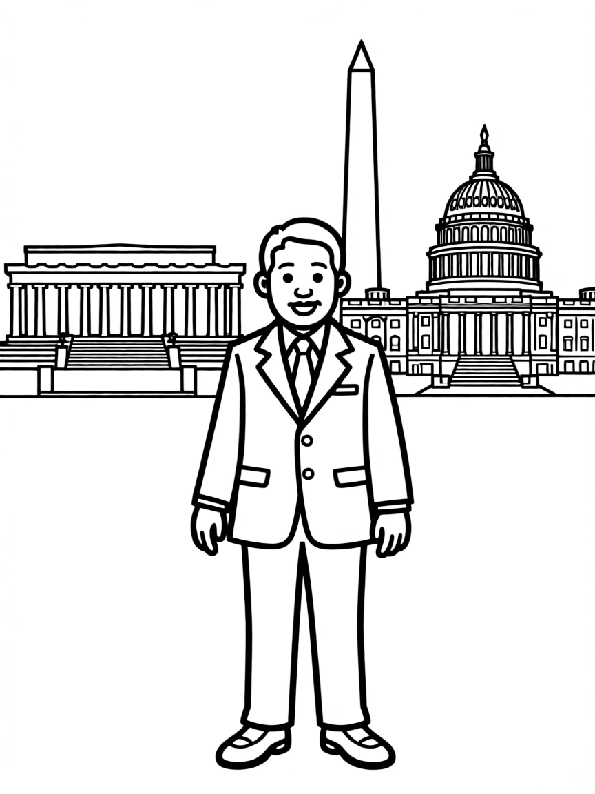 Martin Luther King Jr. standing proudly with historical landmarks in the background.