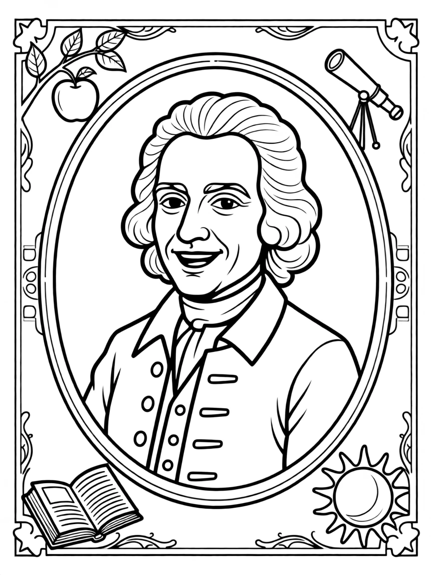 A portrait of Isaac Newton with a big smile, framed with decorative borders and symbols of their time period.