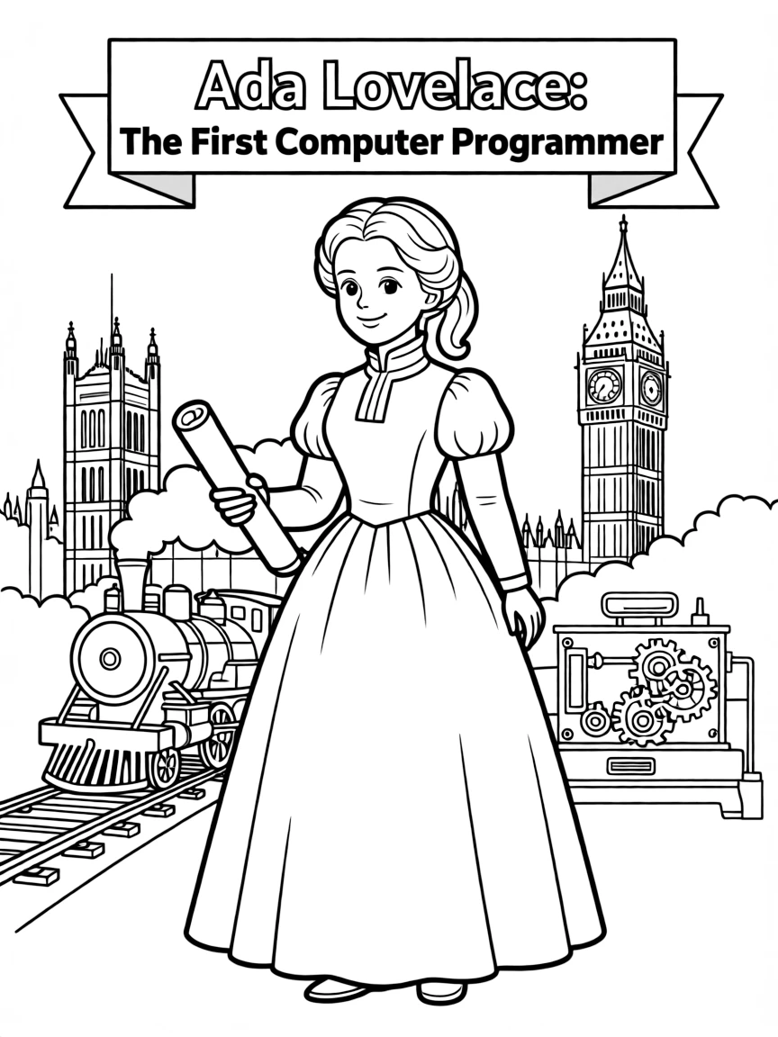 Ada Lovelace standing proudly with historical landmarks in the background.