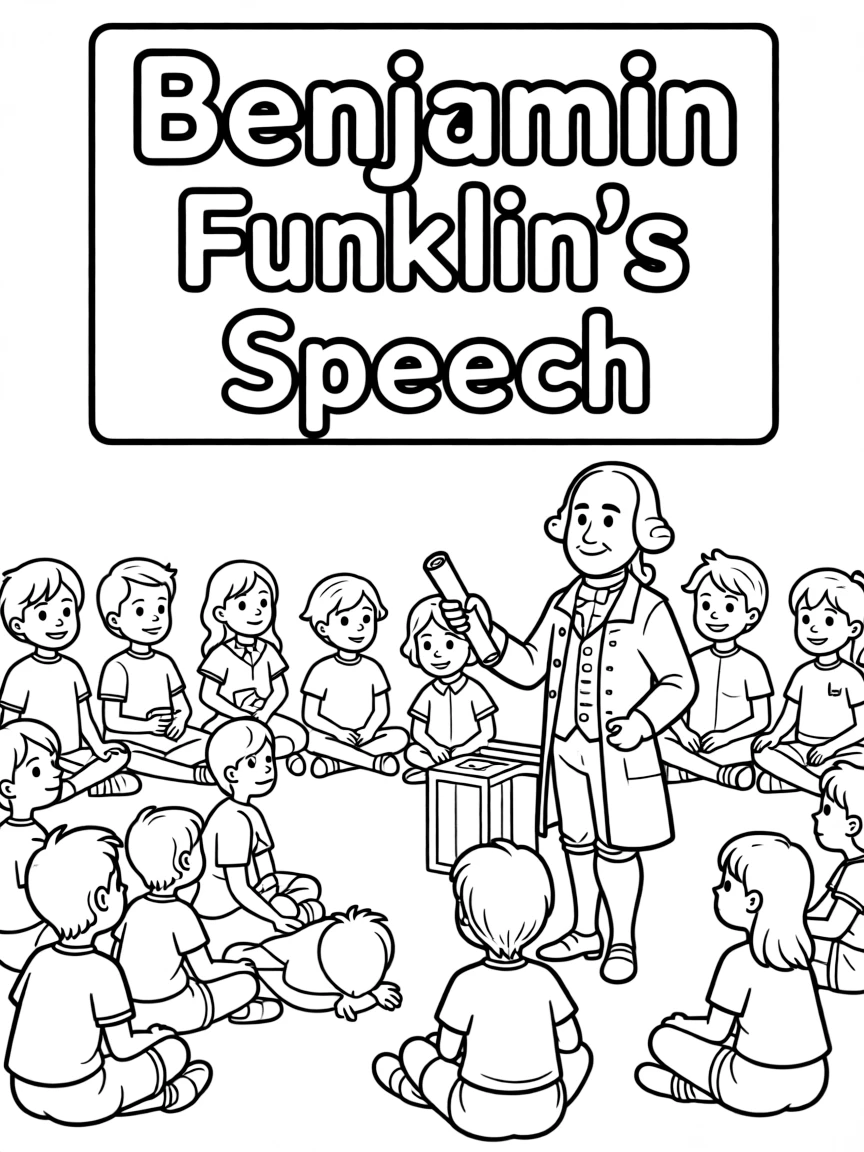 A fun coloring page of Benjamin Franklin giving a speech to children.