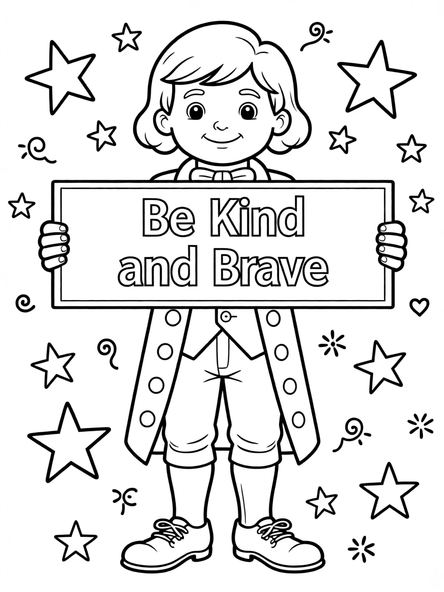 A cute coloring page of Benjamin Franklin holding a sign about kindness or bravery, with stars and doodles around.