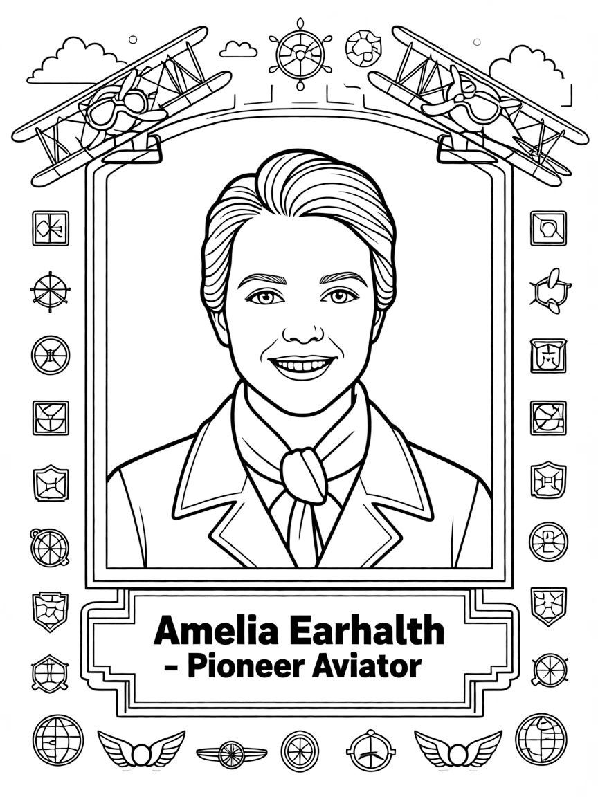 A portrait of Amelia Earhart with a big smile, framed with decorative borders and symbols of their time period.