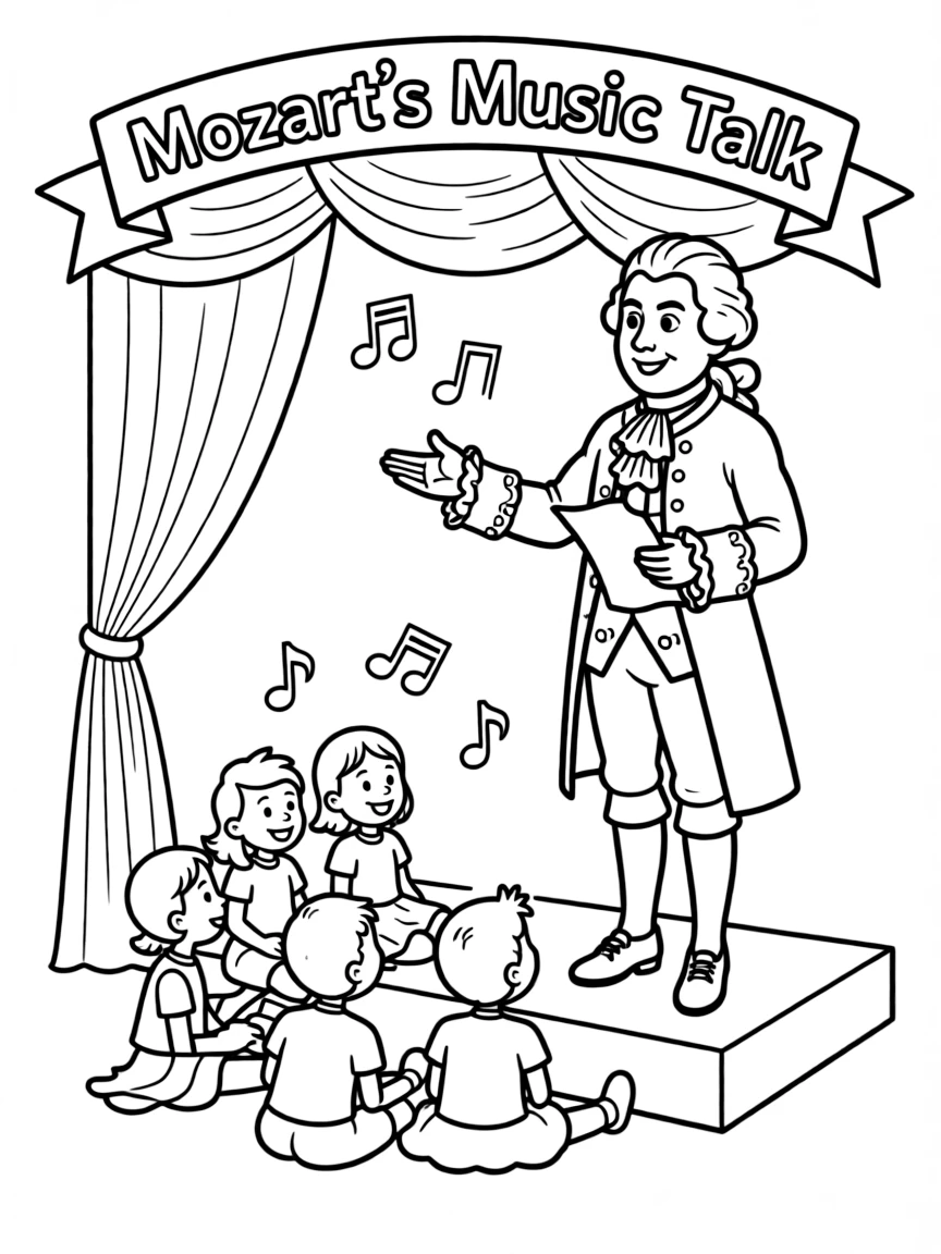A fun coloring page of Mozart giving a speech to children.