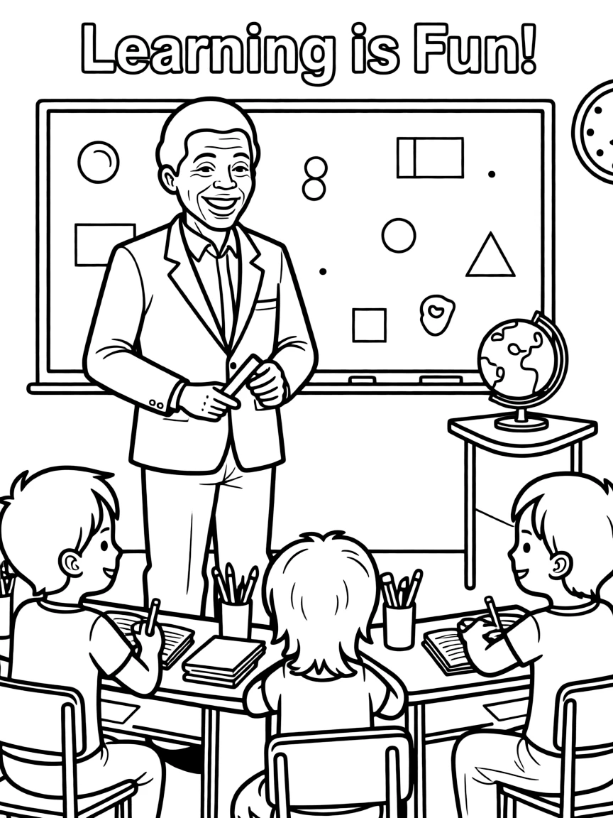 Nelson Mandela teaching children, with educational items like chalkboards and pencils, in a friendly classroom scene.