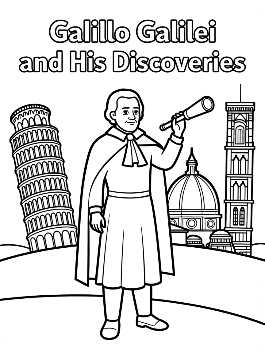 Galileo Galilei standing proudly with historical landmarks in the background.