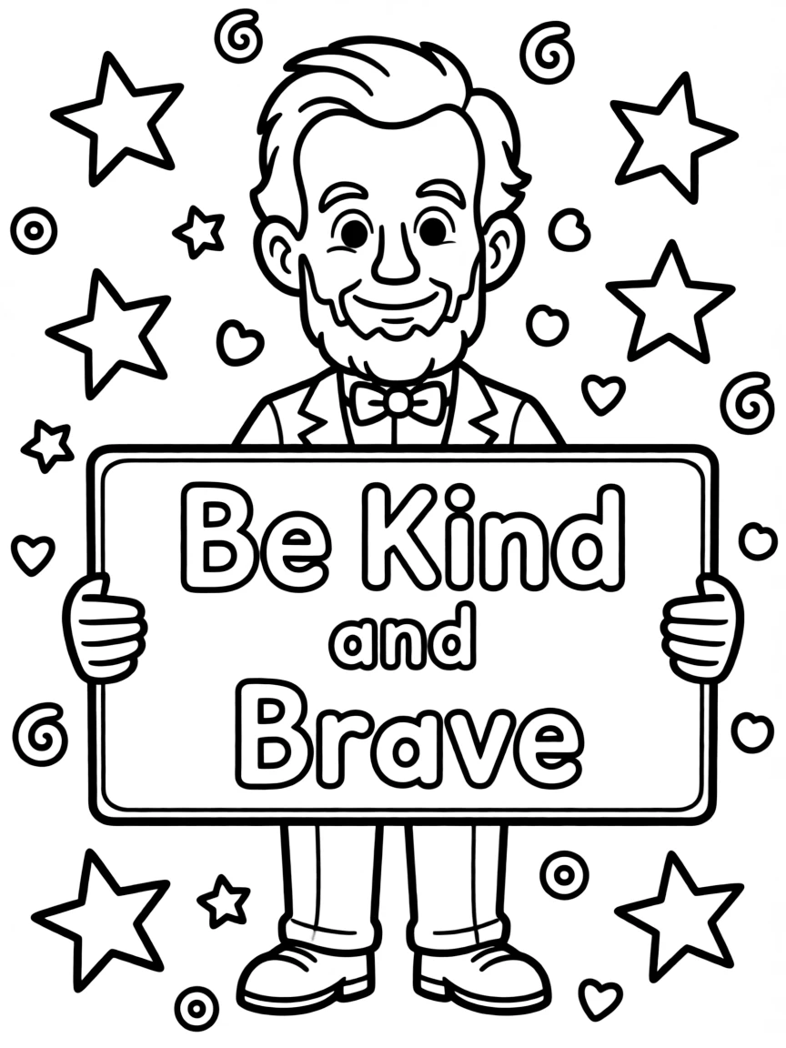 A cute coloring page of Abraham Lincoln holding a sign about kindness or bravery, with stars and doodles around.