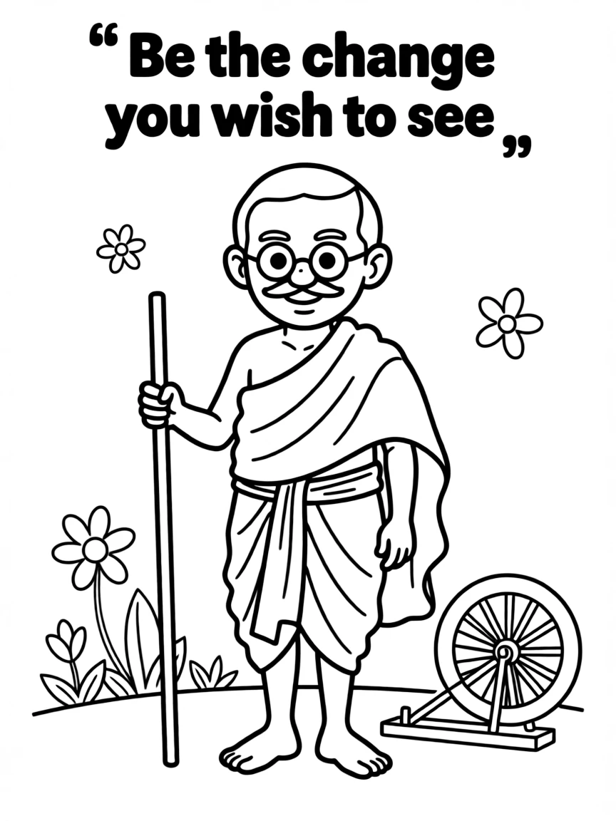 A cartoon-style drawing of Mahatma Gandhi.