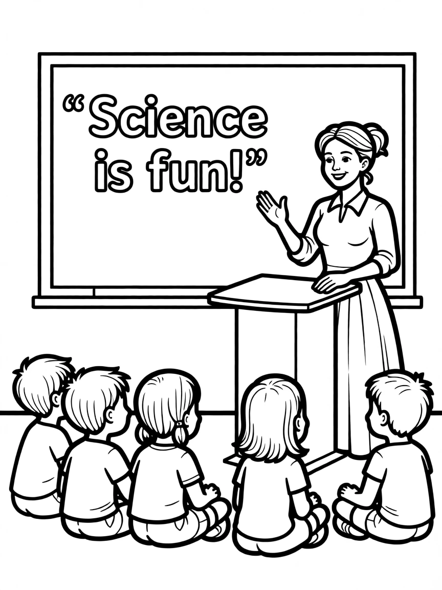 A fun coloring page of Marie Curie giving a speech to children.