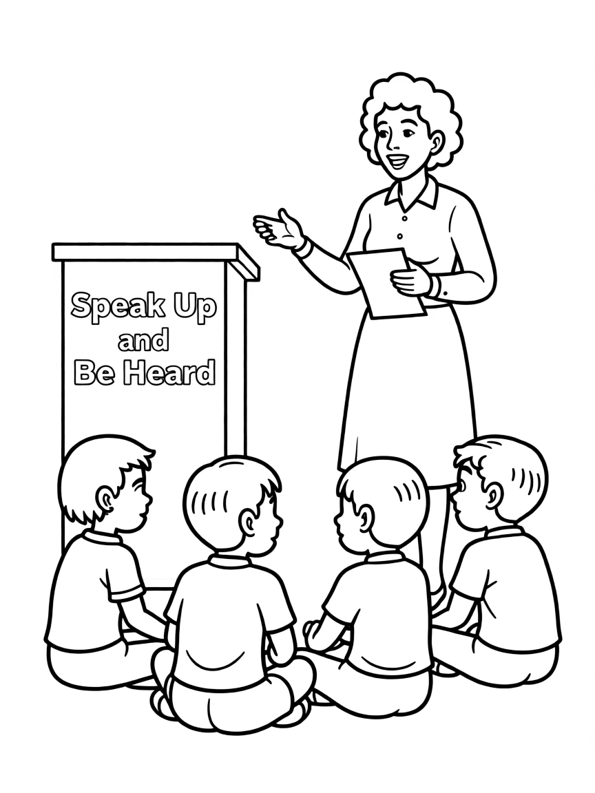 A fun coloring page of Rosa Parks giving a speech to children.