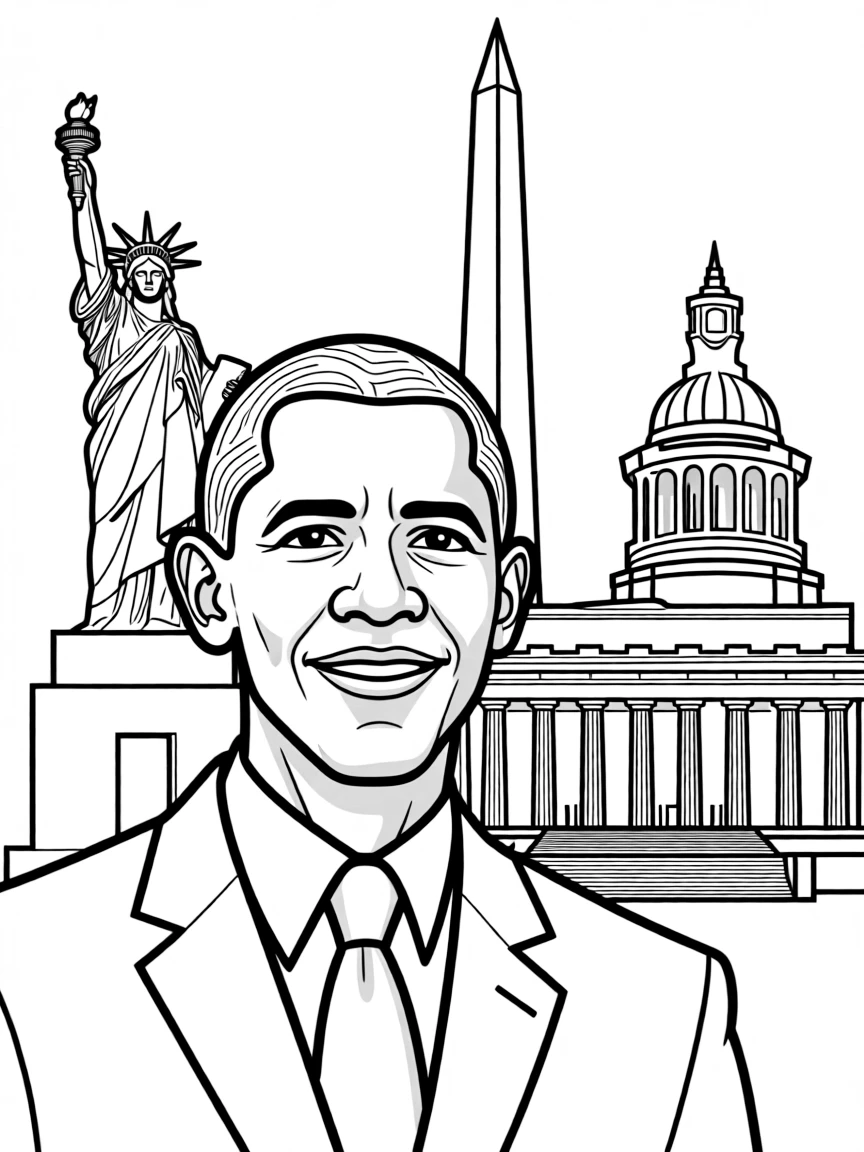 Barack Obama standing proudly with historical landmarks in the background.