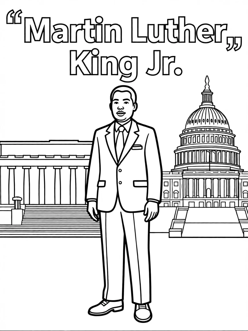 Martin Luther King Jr. standing proudly with historical landmarks in the background.