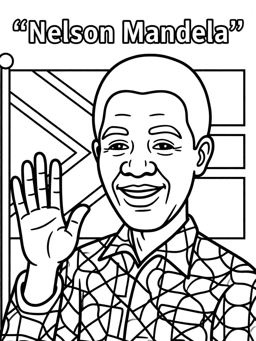 A cartoon-style drawing of Nelson Mandela.