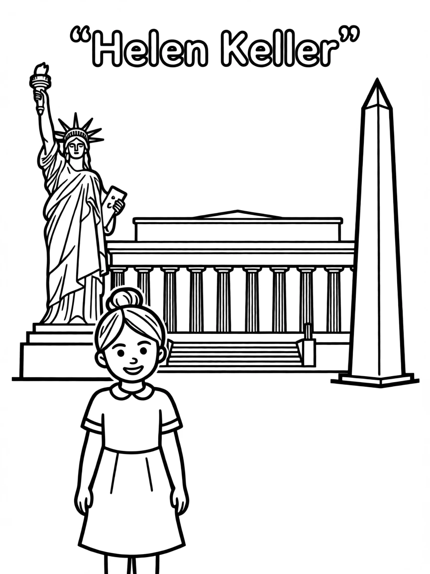 Helen Keller standing proudly with historical landmarks in the background.