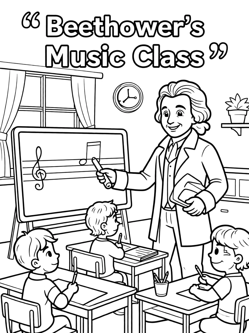 Beethoven teaching children, with educational items like chalkboards and pencils, in a friendly classroom scene.