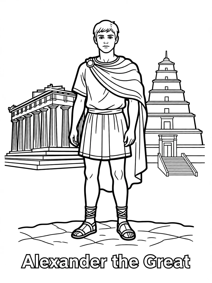 Alexander the Great standing proudly with historical landmarks in the background.