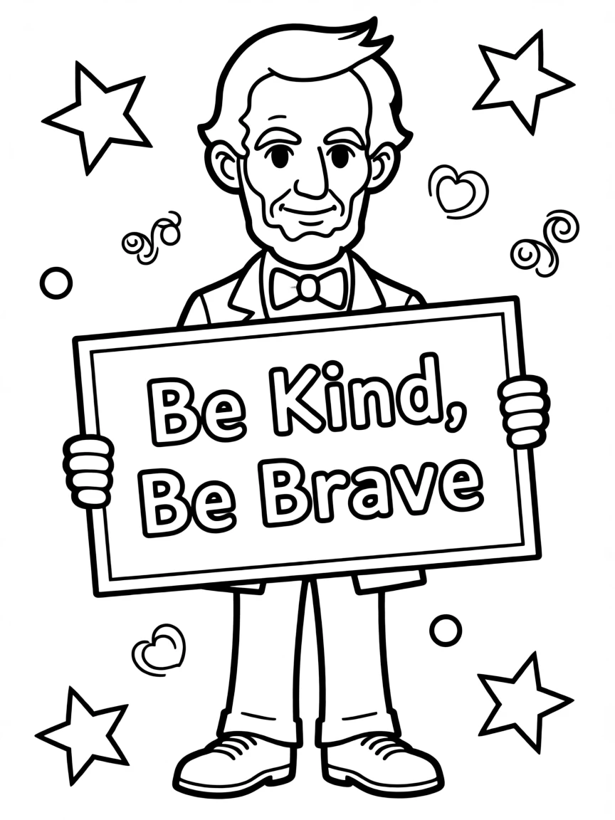 A cute coloring page of Abraham Lincoln holding a sign about kindness or bravery, with stars and doodles around.