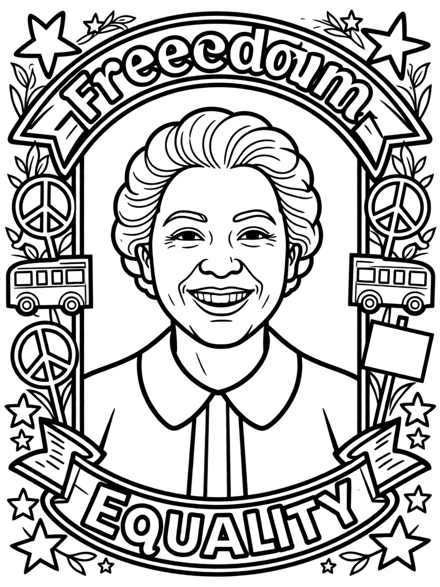 A portrait of Rosa Parks with a big smile, framed with decorative borders and symbols of their time period.