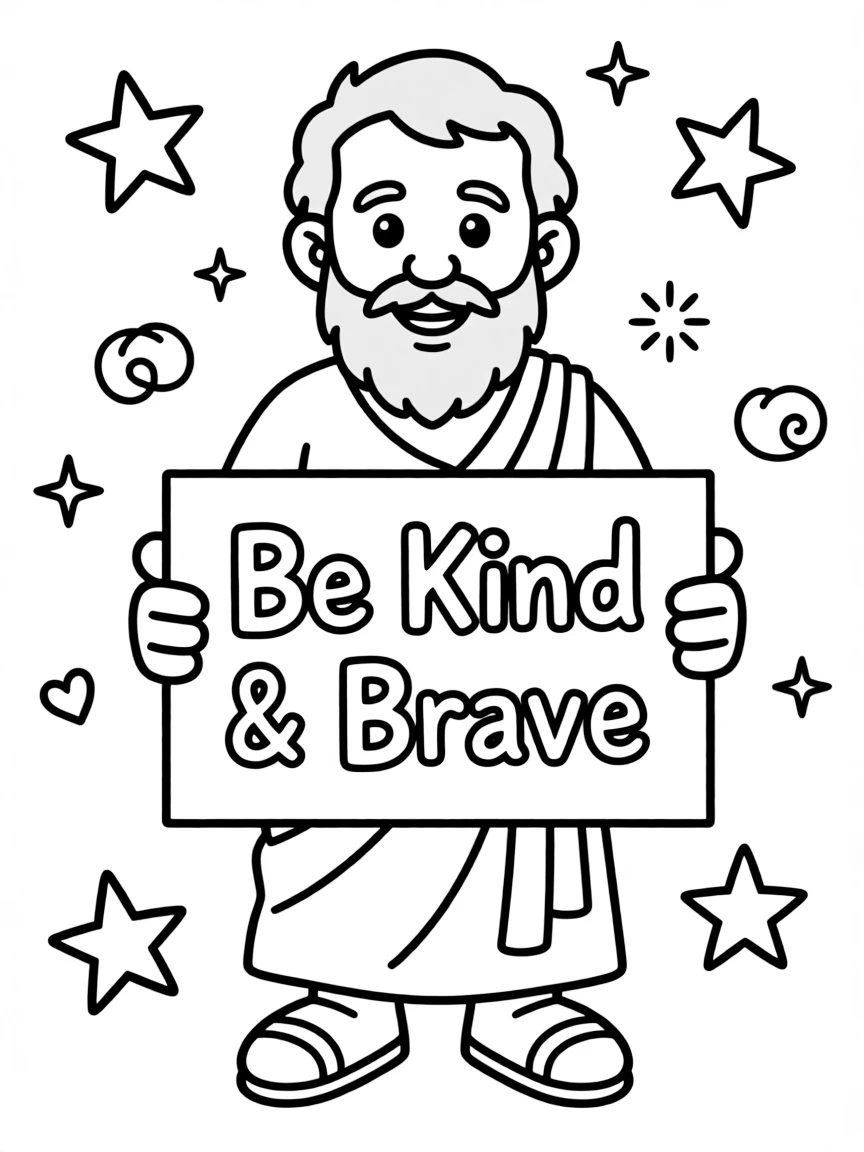A cute coloring page of Socrates holding a sign about kindness or bravery, with stars and doodles around.