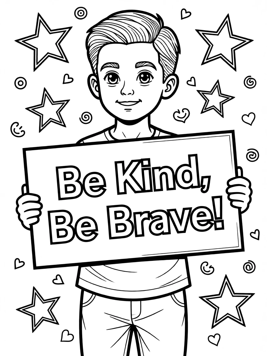 A cute coloring page of John F. Kennedy holding a sign about kindness or bravery, with stars and doodles around.