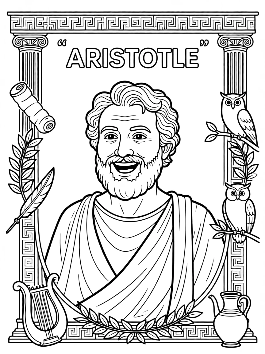 A portrait of Aristotle with a big smile, framed with decorative borders and symbols of their time period.