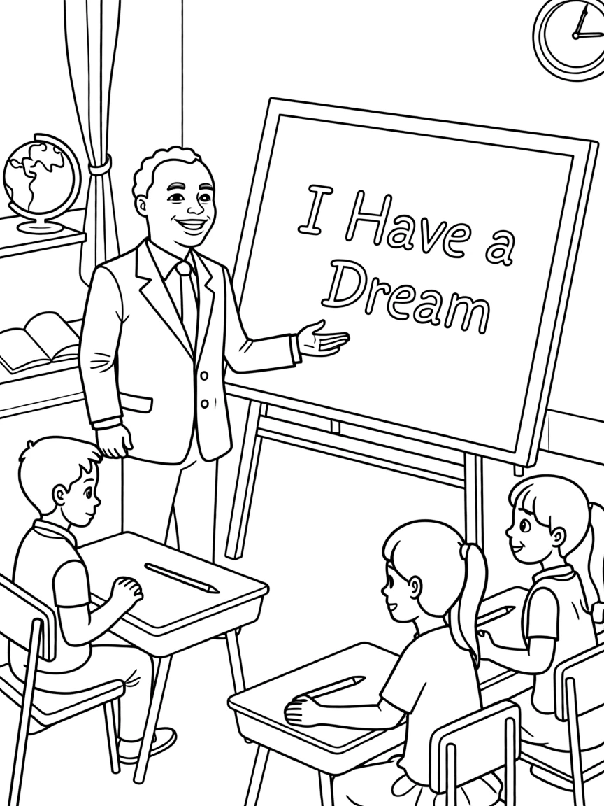 Martin Luther King Jr. teaching children, with educational items like chalkboards and pencils, in a friendly classroom scene.