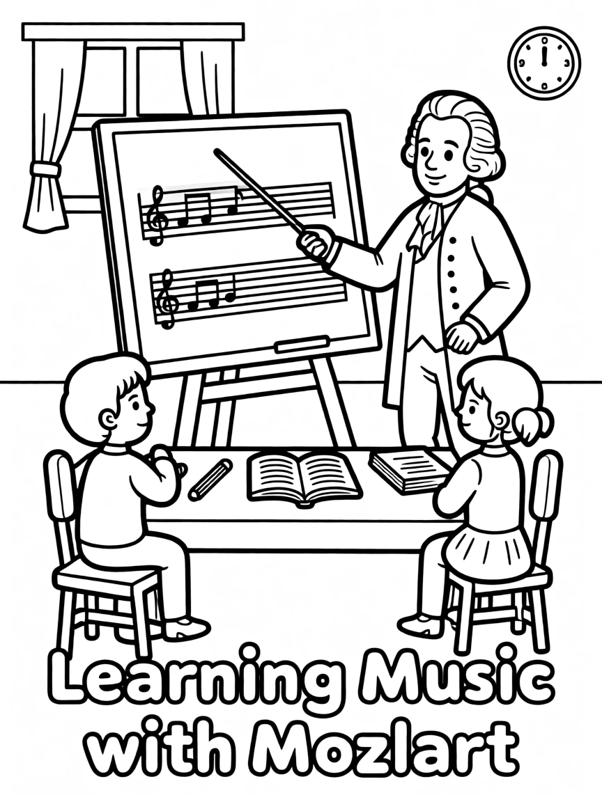 Mozart teaching children, with educational items like chalkboards and pencils, in a friendly classroom scene.