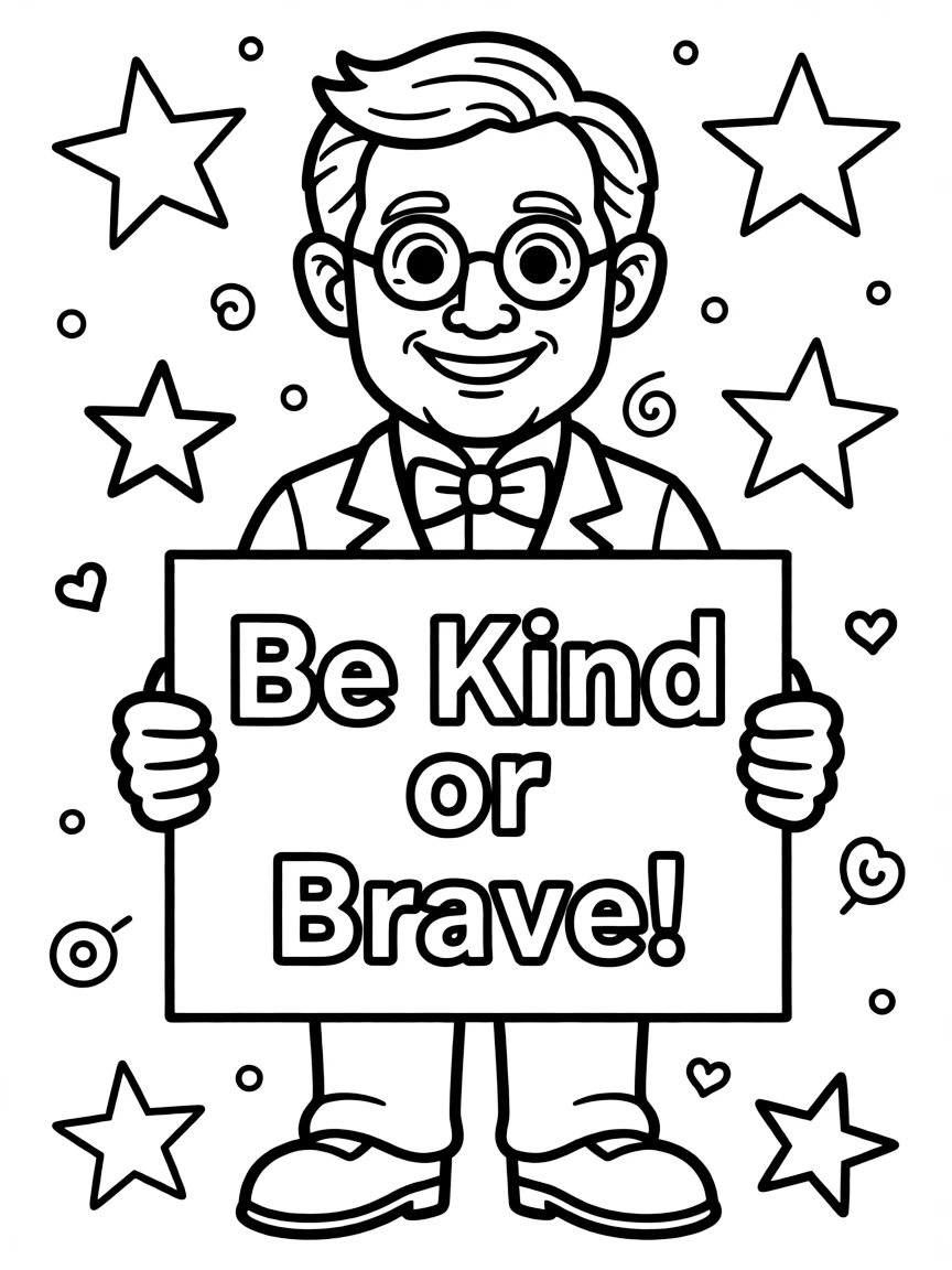 A cute coloring page of Theodore Roosevelt holding a sign about kindness or bravery, with stars and doodles around.