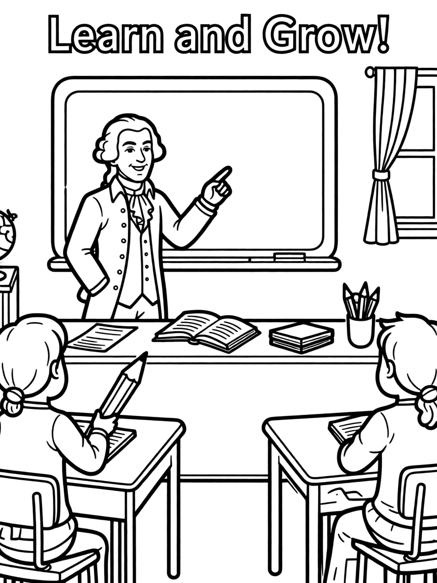 George Washington teaching children, with educational items like chalkboards and pencils, in a friendly classroom scene.