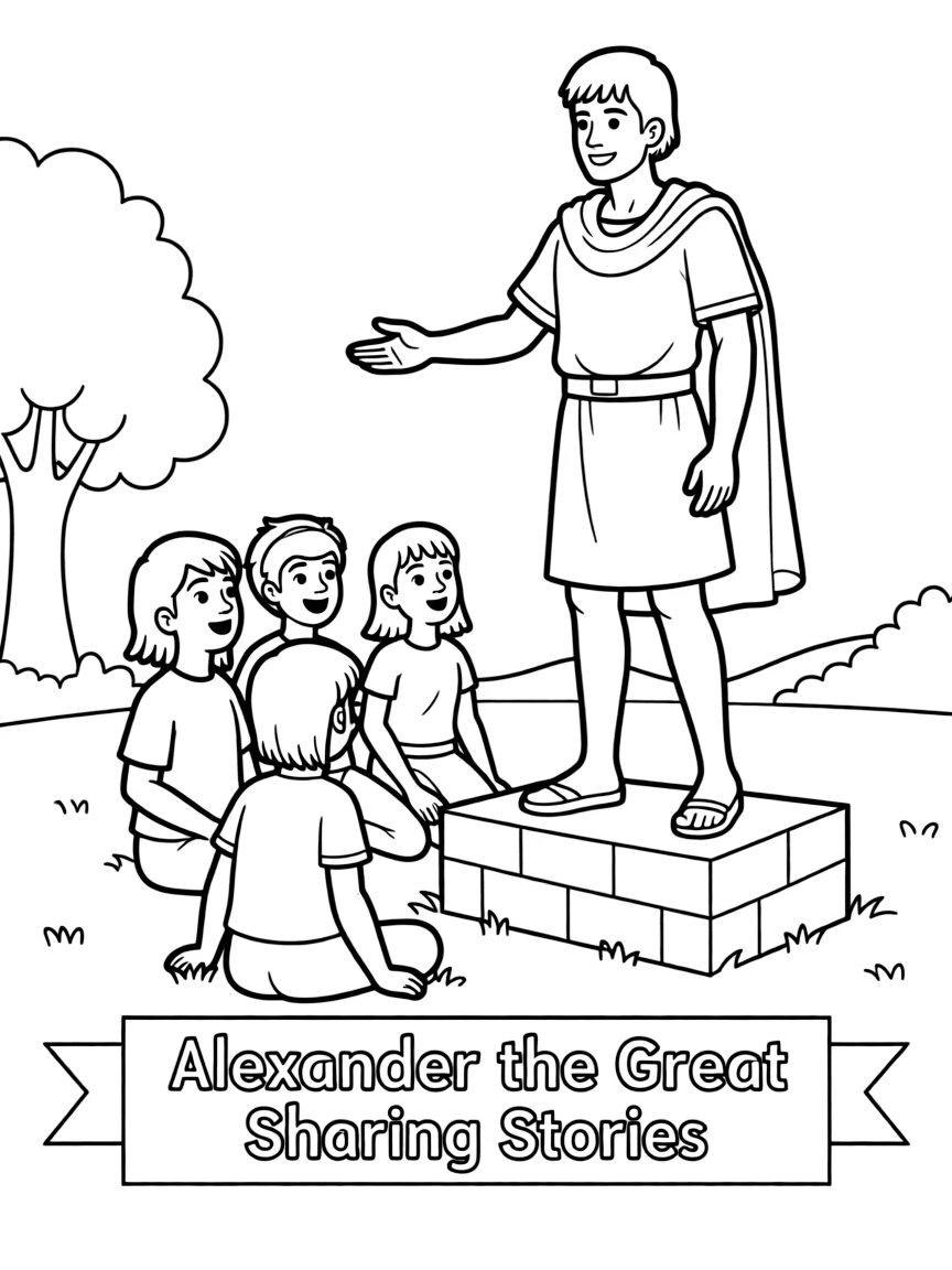 A fun coloring page of Alexander the Great giving a speech to children.