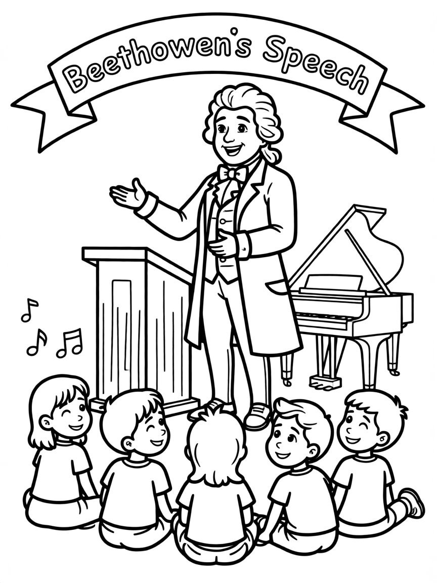 A fun coloring page of Beethoven giving a speech to children.
