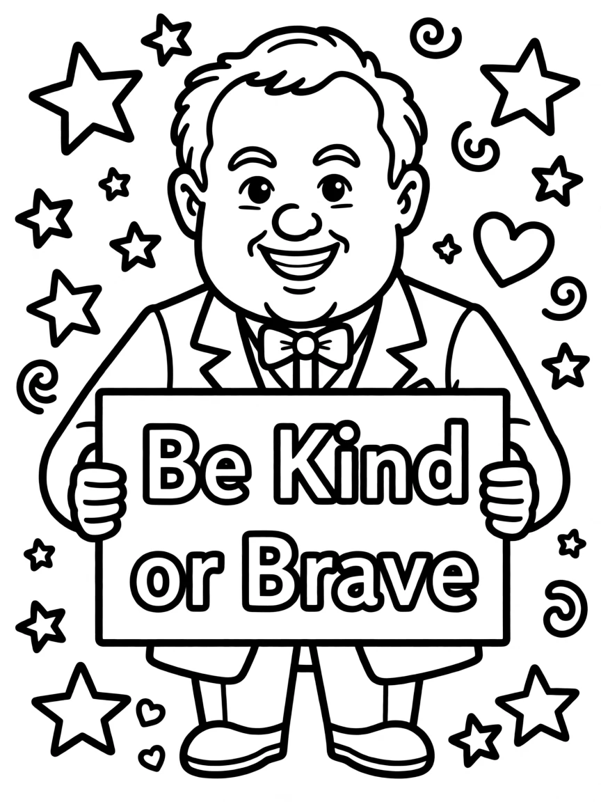 A cute coloring page of Winston Churchill holding a sign about kindness or bravery, with stars and doodles around.