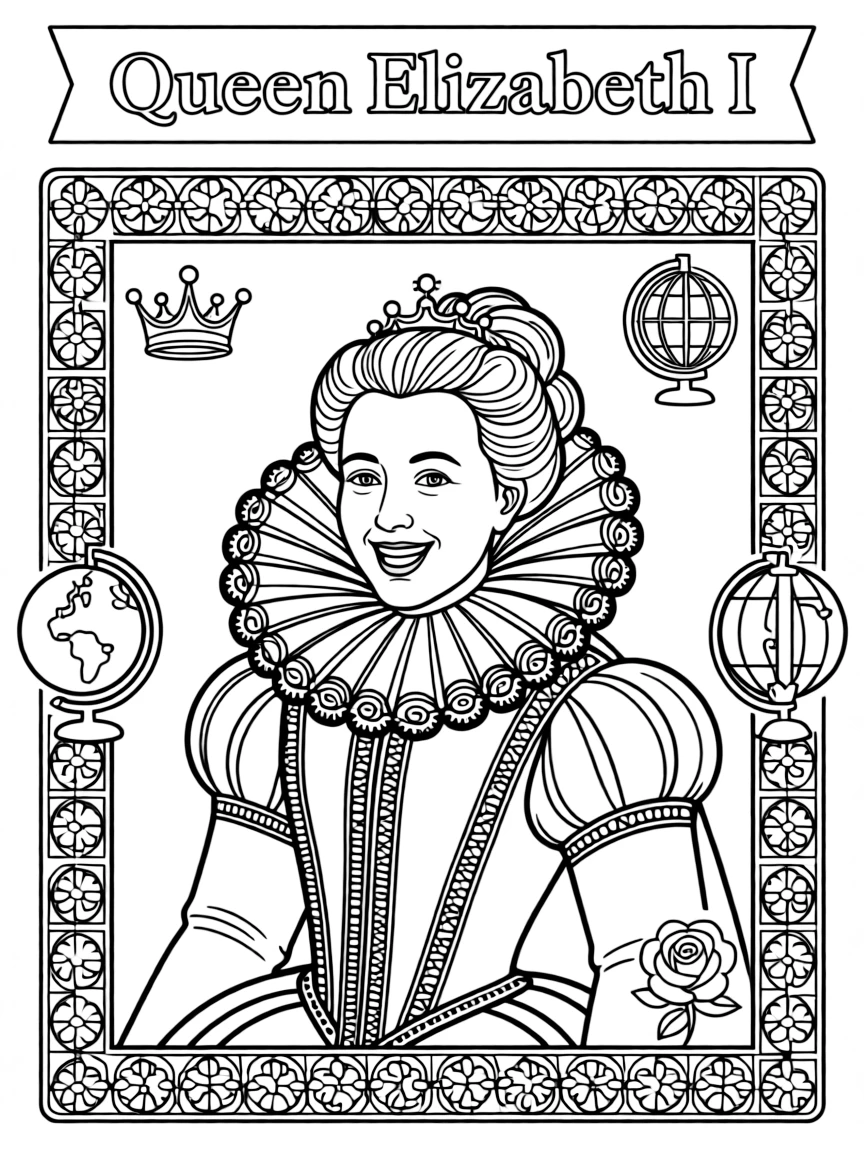 A portrait of Queen Elizabeth I with a big smile, framed with decorative borders and symbols of their time period.