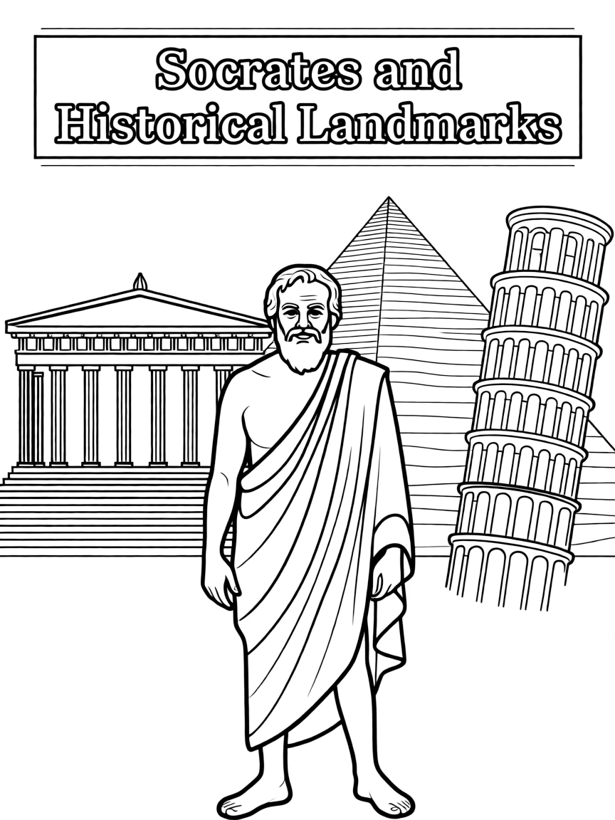 Socrates standing proudly with historical landmarks in the background.
