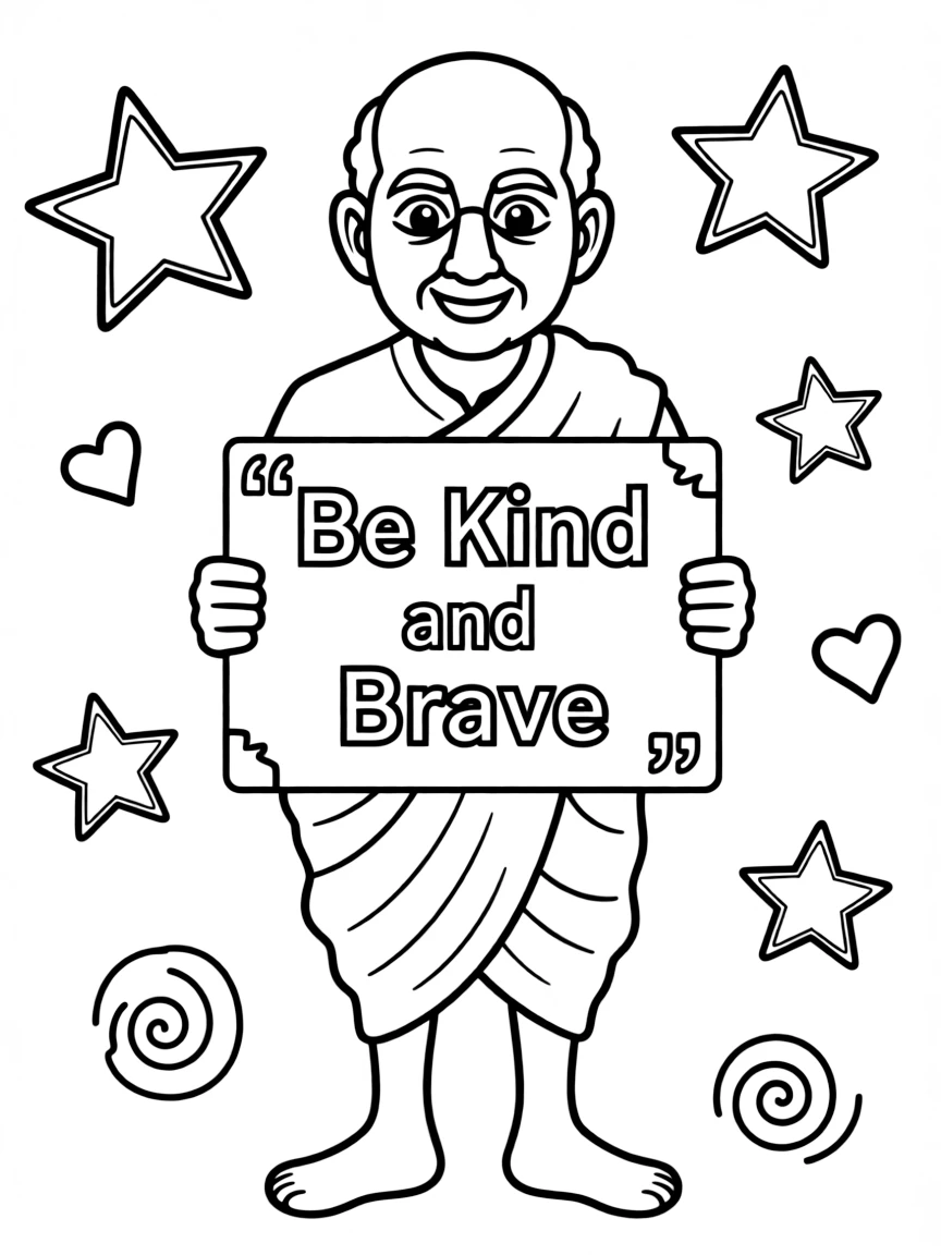 A cute coloring page of Mahatma Gandhi holding a sign about kindness or bravery, with stars and doodles around.