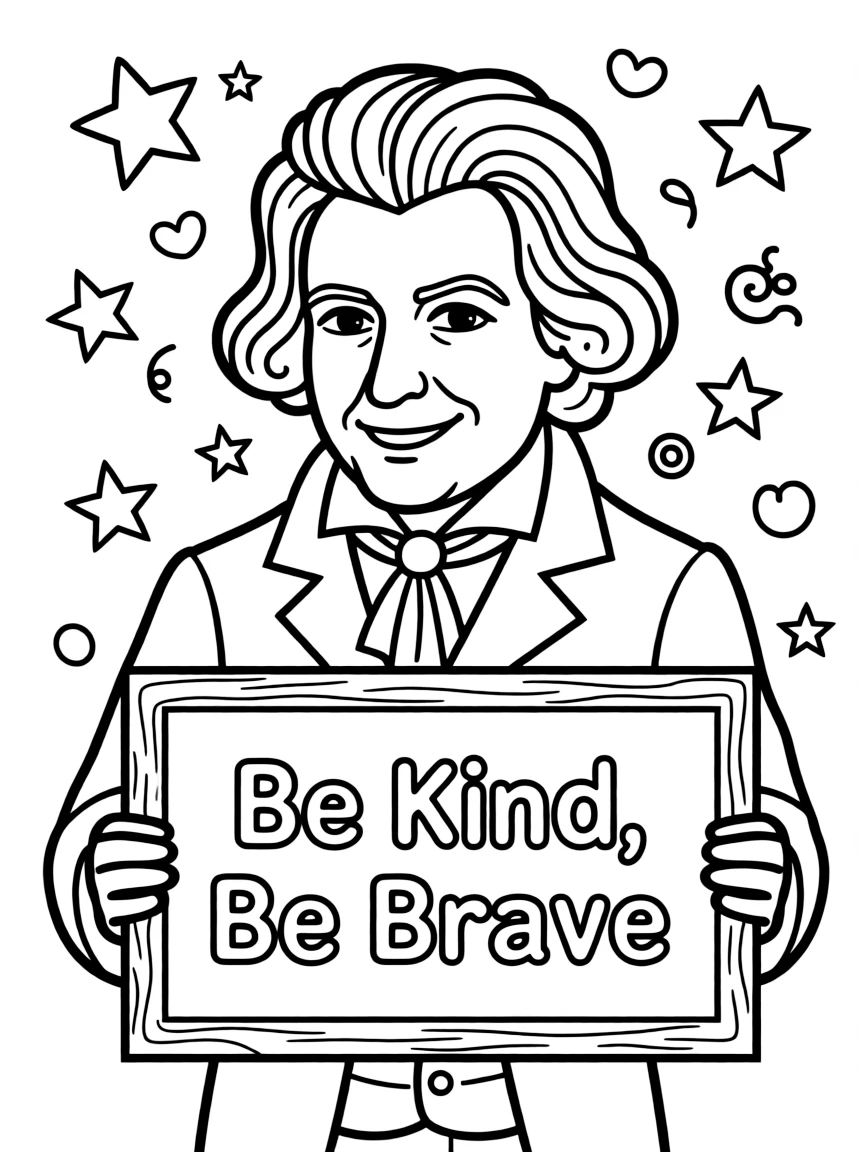 A cute coloring page of Beethoven holding a sign about kindness or bravery, with stars and doodles around.