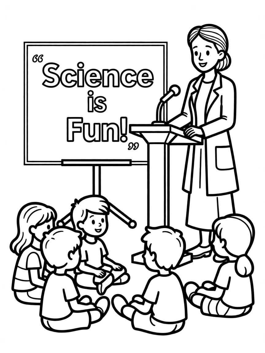 A fun coloring page of Marie Curie giving a speech to children.