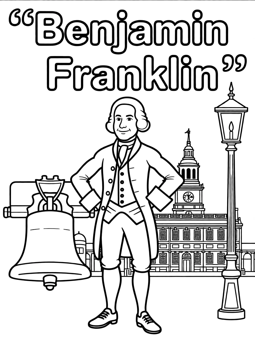 Benjamin Franklin standing proudly with historical landmarks in the background.