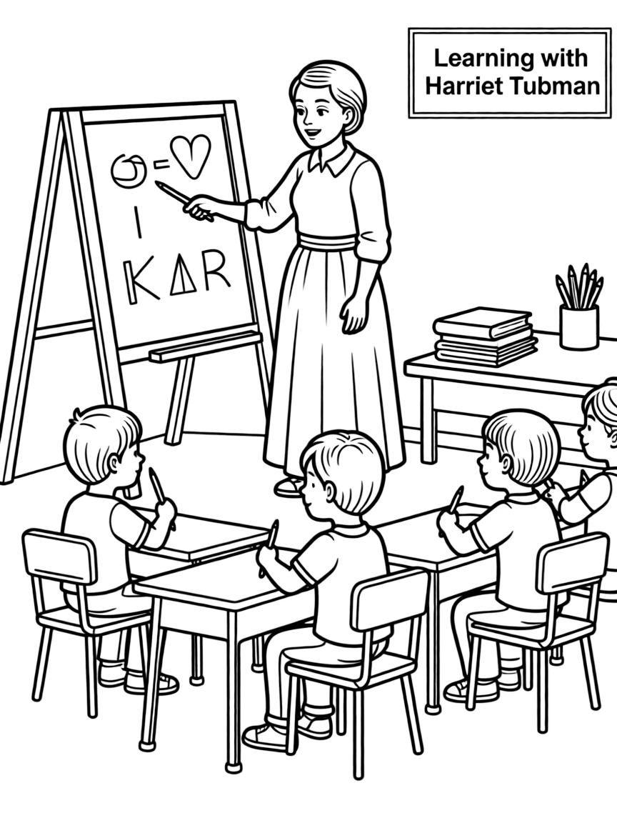 Harriet Tubman teaching children, with educational items like chalkboards and pencils, in a friendly classroom scene.