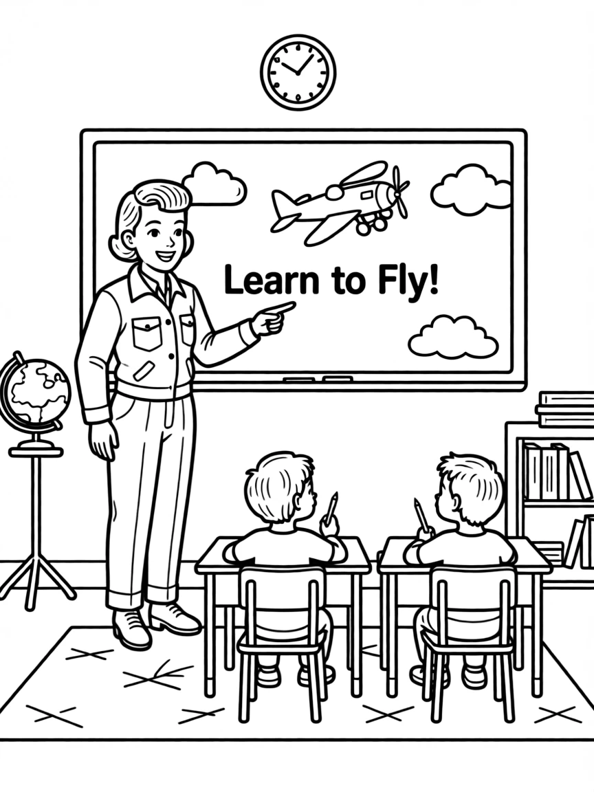 Amelia Earhart teaching children, with educational items like chalkboards and pencils, in a friendly classroom scene.