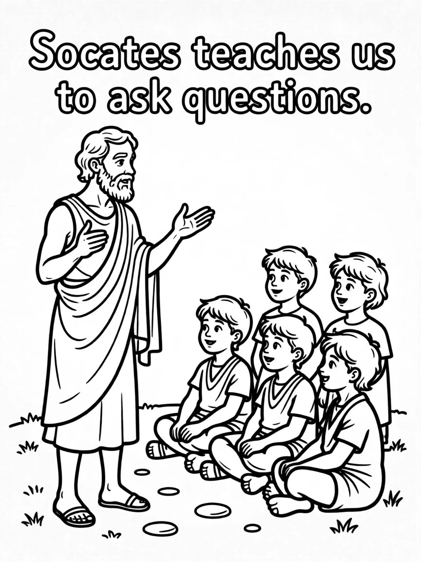 A fun coloring page of Socrates giving a speech to children.